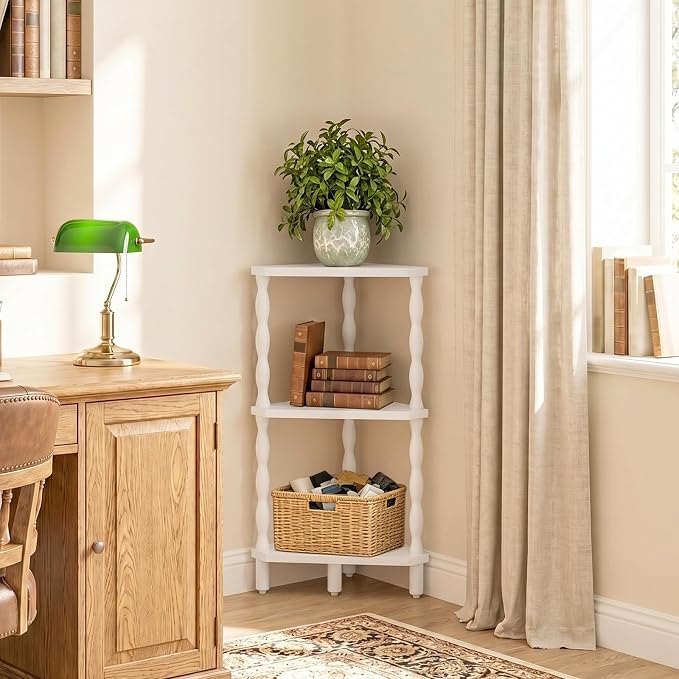 HOOBRO 3-Tier Corner Shelf, Wooden Corner Bookshelf for Small Space, Stylish Corner Storage Display Shelves for Living Room, Kitchen, Office White WT193CJ01