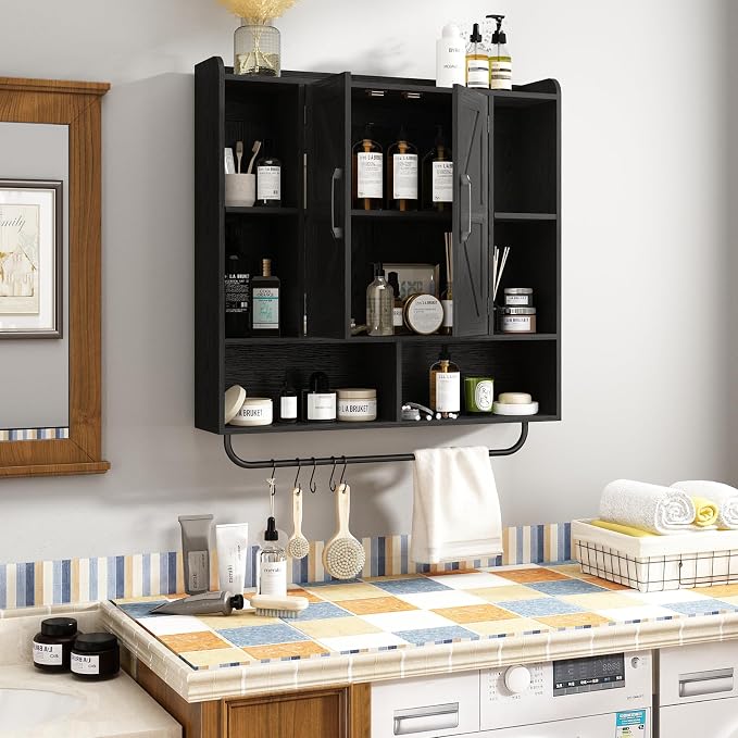 RUSTOWN Rustic Bathroom Wall Storage Cabinet with 2 Barn Doors, Black | Farmhouse Medicine Cabinet, Wall Mounted, Space Saving, 3-Tier Adjustable Shelves, Towel Bar, 5 Hooks