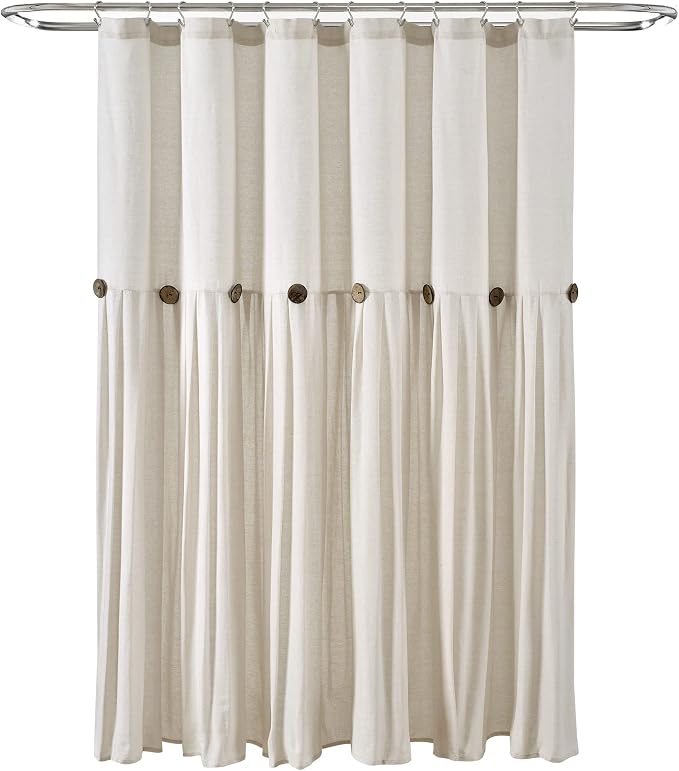 Lush Decor Linen Button Shower Curtain, 72" W x 84" L, Off White - Extra Long Shower Curtains - White Shower Curtain Fabric - Farmhouse Bathroom Decor