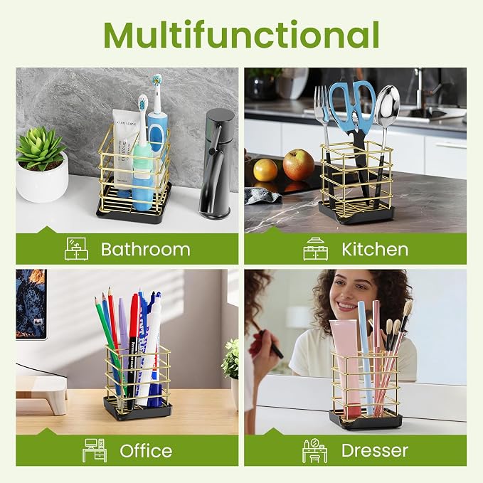 Toothbrush Holders for Bathroom,Gold,Stainless Steel,Detachable,Tray,3 Slot | Easy to Clean,Multifunctional,Kids Electric Toothbrush Organizer,Drainage,Removable,For Bathroom,Vanity,Kitchen Sink,Office