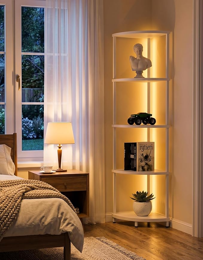Corner Shelf with LED Light, 5 Tier Smart Color Changing Floor Lamp with Remote, 62" Display Shelf Bookshelf Narrow Storage Rack Standing Lamp for Living Room Bedroom Home Office Decor, White