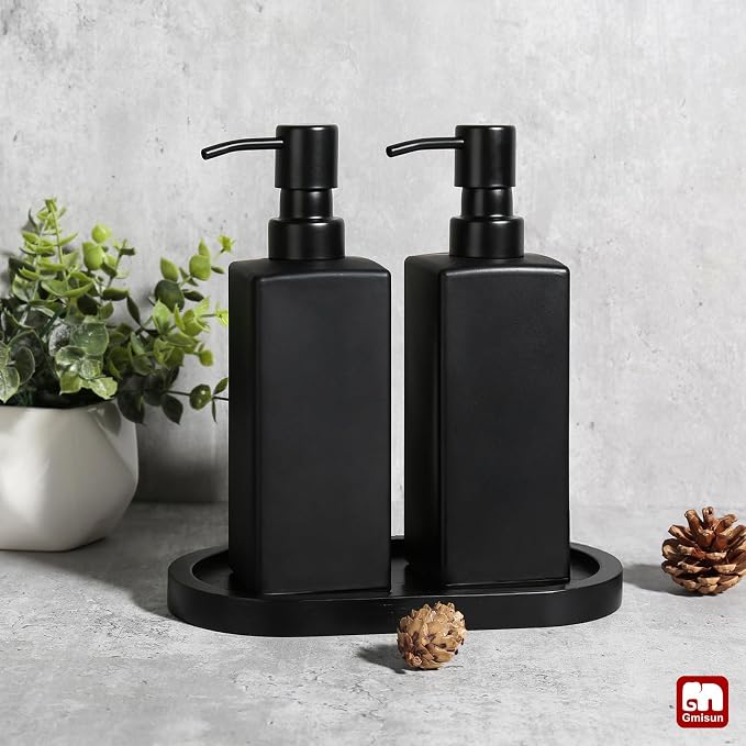 GMISUN Kitchen Soap Dispenser Set, Hand and Dish Soap Dispensers Set, Black Liquid Soap Dispenser with Tray, Refillable Dish Dispensers for Kitchen, Glass Soap Bottles with Stainless Steel Pump