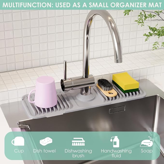 17.7-Inch Silicone Faucet Mat for Kitchen Sink Splash Guard, 7Β° Slope | 17.7"x5.5" water draining mat with fasten button; 1.6-2.75" customizable hole for bathroom, RV & kitchen sink drip catcher.