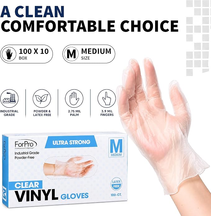 ForPro Disposable Vinyl Gloves, Industrial Grade, Powder & Latex Free, Non-Sterile, Food Safe, 2.75 Mil Palm, 3.9 Mil Fingers