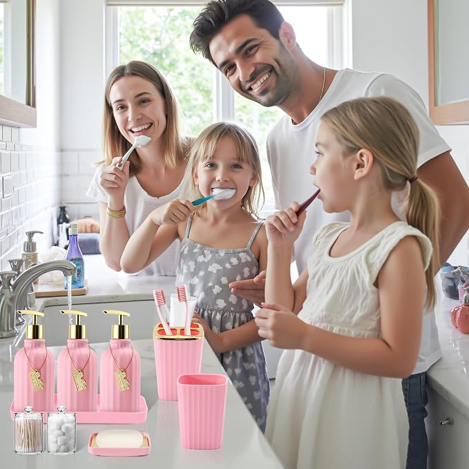 21PCS Bathroom Sets with Shower Curtain and Rugs Bathroom Accessories Set Pink Bathroom Set Complete with Trash Can, Toilet Brush, Qtip Holder & 3PCS Soap Dispenser