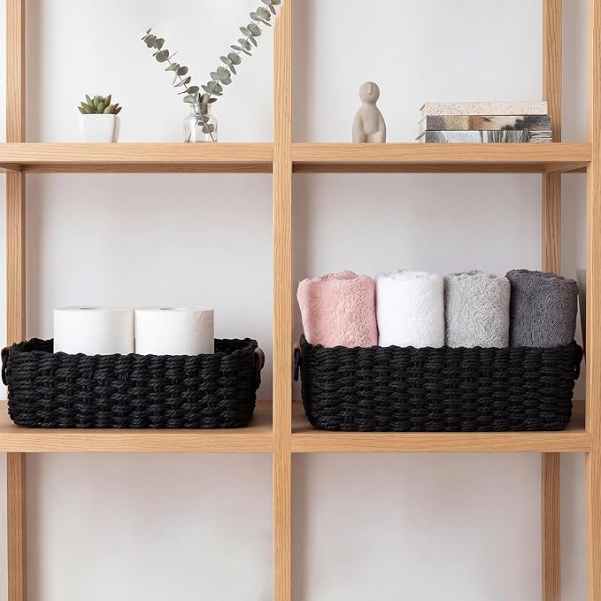 Black Set of 3 Paper Rope Storage Baskets, Large Medium Small Woven Nesting Storage Container with Handles for Closet, Pantry, Bathroom, Shelf Organization Rustic Farmhouse Decor