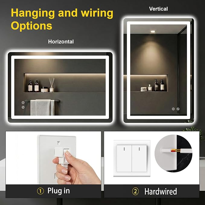 LED Bathroom Mirror with Lights, 24"x36" Lighted Vanity Mirror for Wall | Anti-Fog, Dimmable 3 Color Light, Backlit+Frontlit, Shatterproof Tempered Glass, Memory Function