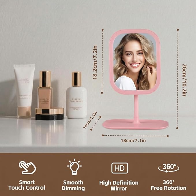 Touch-Sensitive Controls Vanity mirrorr, Makeup Mirror with LED Light, 2400mAh Rechargeable, 270-degree Rotation Adjustment,Beauty Vanity Mirror with Lights, Portable Travel, 3 Light Color (Pink)