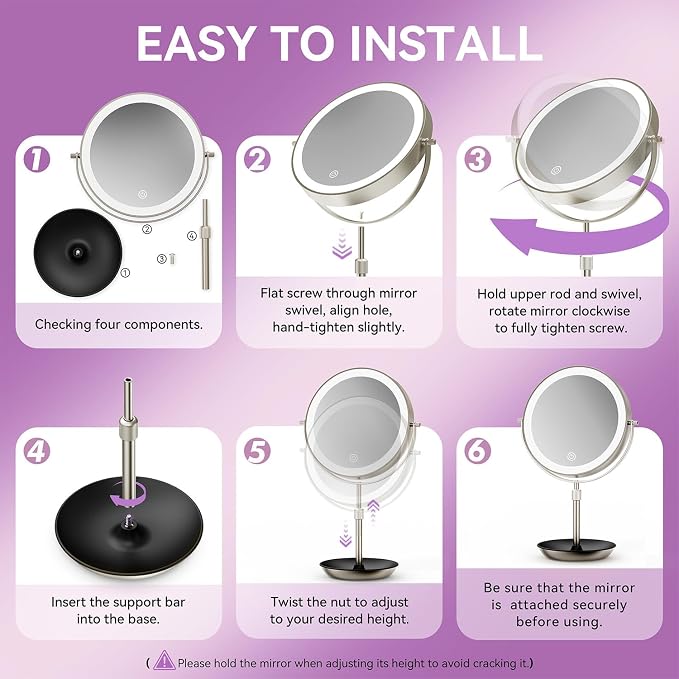 Auxmir 9" 1X/30X Lighted Makeup Mirror, Rechargeable Maginfying Mirror | 3 dimmable colors, 14.9-18.5 in adjustable height, 3000mAh, 360ยฐrotation, stable storage base, 30X magnification, Nickel
