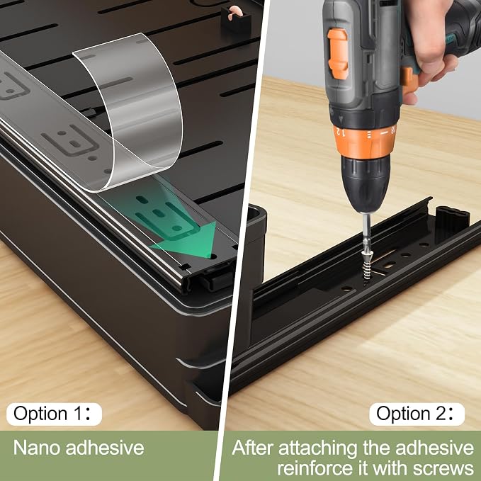 DOMNIU Pull Out Cabinet Organizers Expandable,Black,20.8" Depth,2 Pack | Slide Out Drawers for Kitchen, Bathroom, Pantry, Under Sink Storage, Fixed with Adhesive Nano Film (13''-19'')