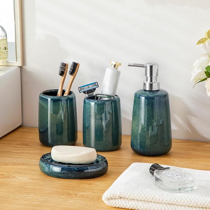 vancasso Green Bathroom Accessories Set, Ceramic Soap Dispenser and Toothbrush Holder Sets, Stoneware 4 Pcs Bathroom Sink Set for Modern Home Decor, Series Starry