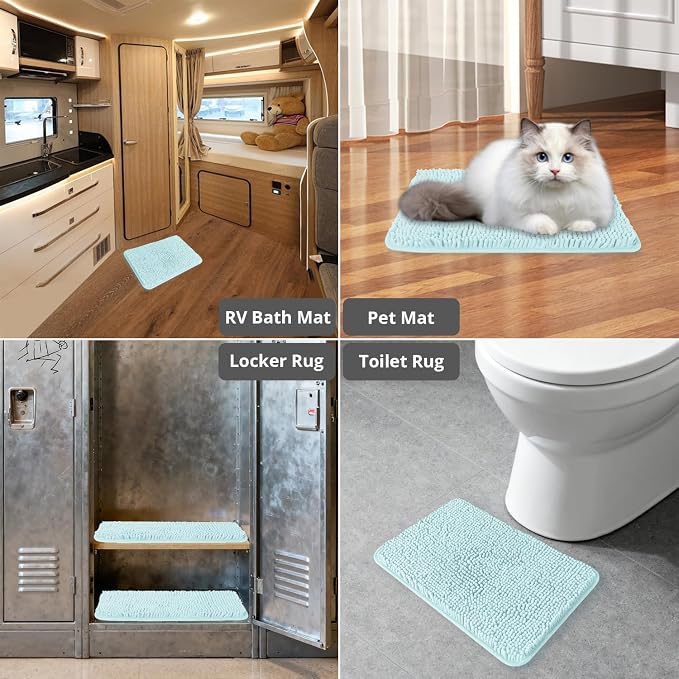 Small Bathroom Rug 12"x18" – Washable and Absorbent Bath Mat, Non Slip, Thick Soft Chenille Bath Rugs for Bathroom, Shower, Sink, Dog mat(Aqua)