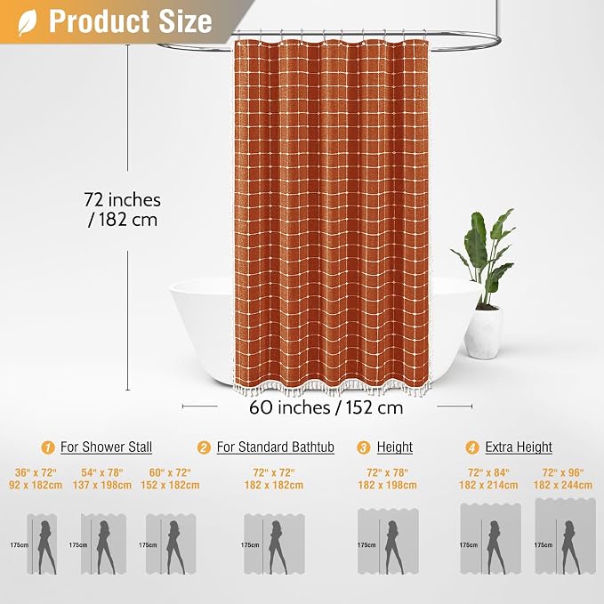 60x72 Boho Farmhouse Linen Heavy Duty Shower Curtain Set, Burnt Orange | Narrow Size, 330GSM Linen Blend, 3-side Tassels, Water Repellent Fabric, 10 Plastic Hooks, Rustic Bohemian, Machine Washable