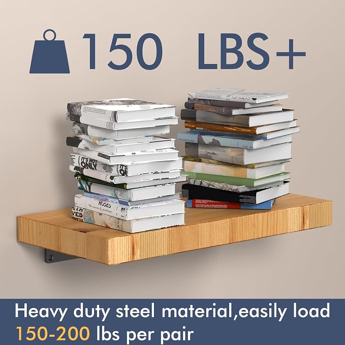 6 Pack Floating Shelf Brackets, 10 inch Heavy Duty Industrial Shelf Bracket, Black Metal L Brackets for Shelves Support DIY(1/5 Inch Thicked)