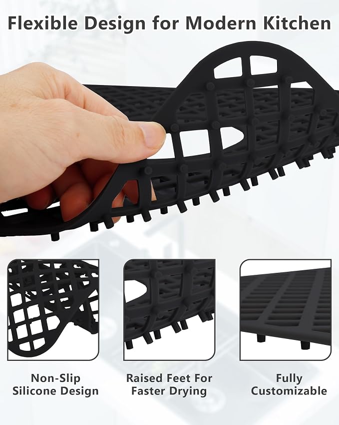 2 Pack Silicone Sink Protectors for Kitchen Sink, Trellis 13x11 Black | Heat-resistant Non-Slip and Durable Silicone Grid Mat, 13-9/16" x 11-5/8" Rear Drain