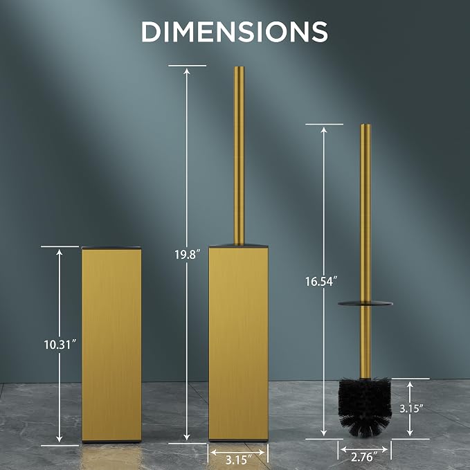 FORIOUS Toilet Brush, 2 Toilet Bowl Brush Head Square Tall Gold | Heavy Duty 304 Stainless Steel Base, Silicone and Plastic Brush Heads, Long Handle for Deep Cleaning, Drip-Proof