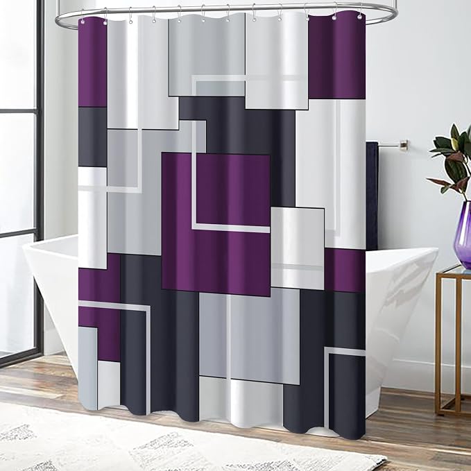 36x72 Half Modern Geometric Waterproof Fabric Shower Curtain, Purple | Small Size, Premium Polyester, Weighted Hem, 6 Plastic Hook, Vibrant Color, Wrinkle-resistant, Quick-Dry, Machine Washable