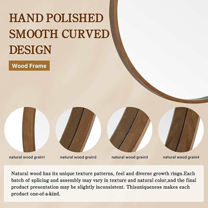 Wood Round Mirror with Wood Frame 24 inch Circle Wall Mirror for Bathroom Round Wall Mirror for Wall Decor, Vanity, Entryway Living Room (Walnut)