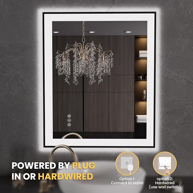 LOAAO 30"X36" LED Bathroom Mirror Black Framed | Anti-Fog, Dimmable, Memory Function, Tempered Glass, Lighted Vanity Mirror for Wall