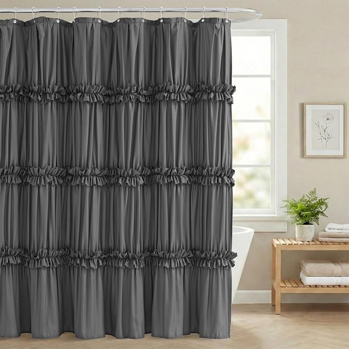 LIPA Boho Shower Curtain Rustic Ruffle Shower Curtain with Ruched & Bow Vintage Farmhouse Shower Curtains for Bathroom Bohemian Bathroom Decor(Grey,72x72 Inches)