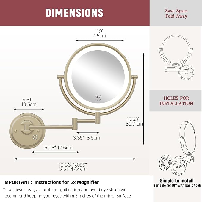 10" Plug In Brass Wall Mounted Makeup Mirror with Lights and Magnification | 2-Sided, 1X/5X Foldable Extended Arm, 360 Rotation Shaving Mirror, 3 Color LED Lighting, Touch Dimmable, Satin Brushed Gold