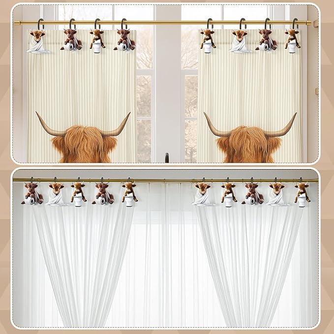 Sawysine 12 Pcs Cow Shower Curtain Hooks Bathroom,Highland Cow | Highland Cow Design in 3 Poses, Western Farmhouse Decor for Rustic Bathroom Bedroom, Set Includes Decorative Hangers