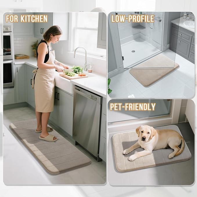 Yimobra Memory Foam Bath Mat Set 3 Pieces- Super Soft Absorbent Quick Dry Bathroom Rug Sets, Machine Washable Non Slip Floor Carpet for Tub Shower, Vanity & Toilet Base, Beige