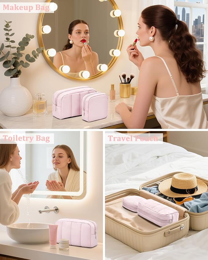 2 Pcs Makeup Bag Travel Toiletry Bag for Women Puffy Padded Cosmetic Pouch Purse Wide-open Makeup Organizer Case Travel Essentials