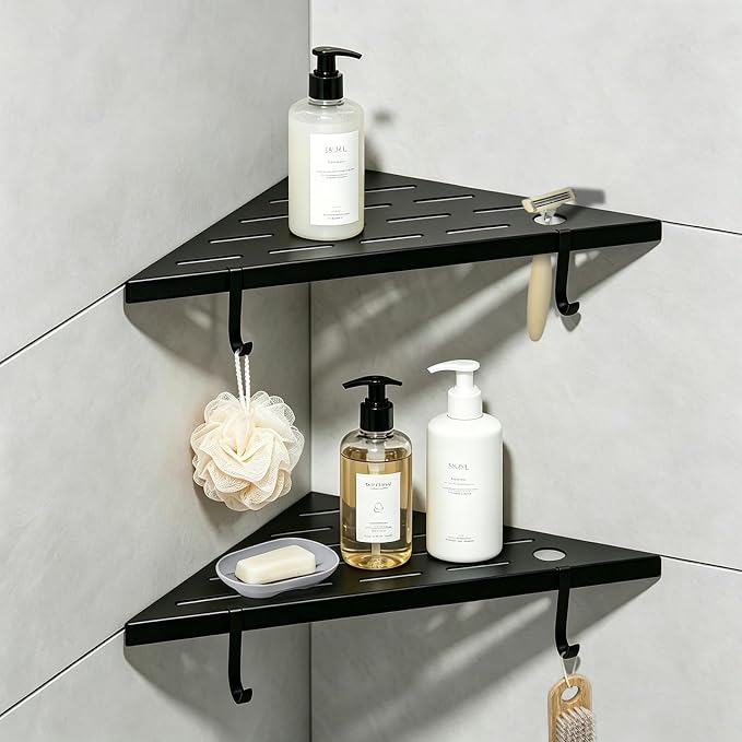 Corner Shower Shelves, 10" Matte Black 304 Stainless Steel Recessed Shelf for Bathroom,With silicone soap dish and razor holder,Grout in Shelf with Hooks for Tiled Wall 2 Pack (Black)