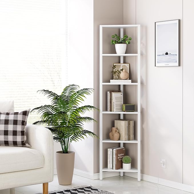 TUTOTAK 6-Tier Corner Bookshelf with LED Light, Corner Shelf | for Small Space, Narrow Display Corner Shelf Stand with Storage Rack, for Living Room, Bedroom, Pure White V1BS05BW006L