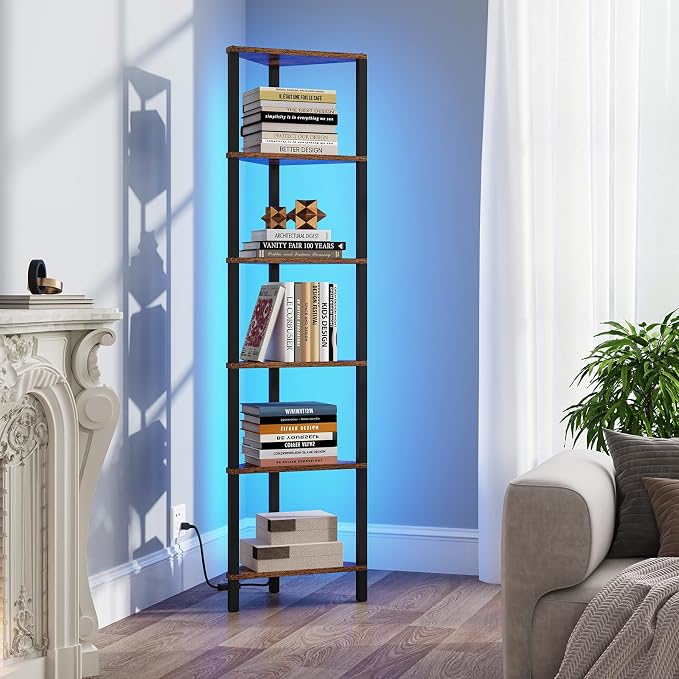 TUTOTAK Corner Shelf with LED Light, 6-Tier Corner Bookshelf | for Small Space, Narrow Display Corner Shelf Stand with Storage Rack, for Living Room, Bedroom, Rustic Brown BS05BB006L