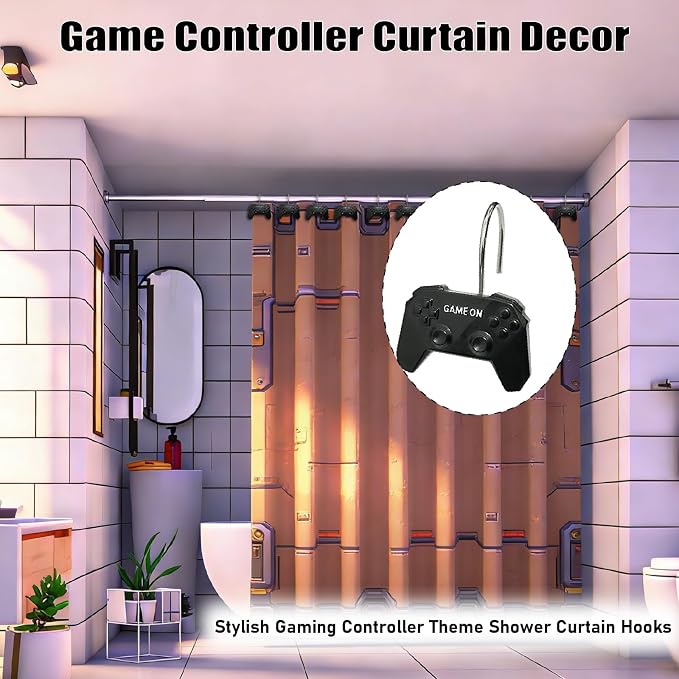 12 Pcs Game Theme Shower Curtain Hooks for Gamers Bathroom Decor | Video Game Controller Curtain Hooks Boys Gaming Bathroom Kids Bedroom Playroom Console Resin and Stainless Steel Hook