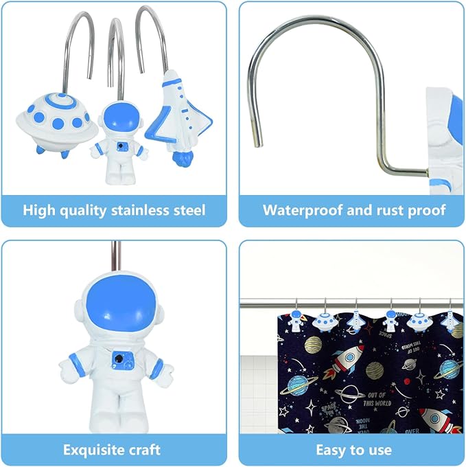 12-Piece Outer Space Galaxy Rocket Planet Shower Curtain Hooks | Decorative Shower Curtain Hooks for Bathroom, Stainless Steel Shower Hangers Rings