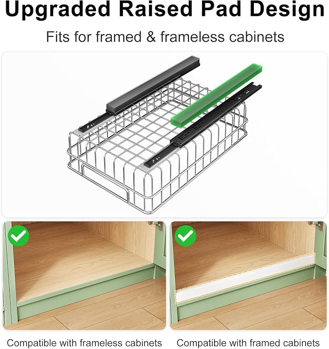 Pull out Cabinet Organizer, Stainless Steel 4-Pack (9.8"W x 16.5"D) Full-Extension Slide out Drawer, Adhesive Roll out Can Spice Storage Basket Shelf Rack for Pantry, Kitchen, Bathroom, Home Closet