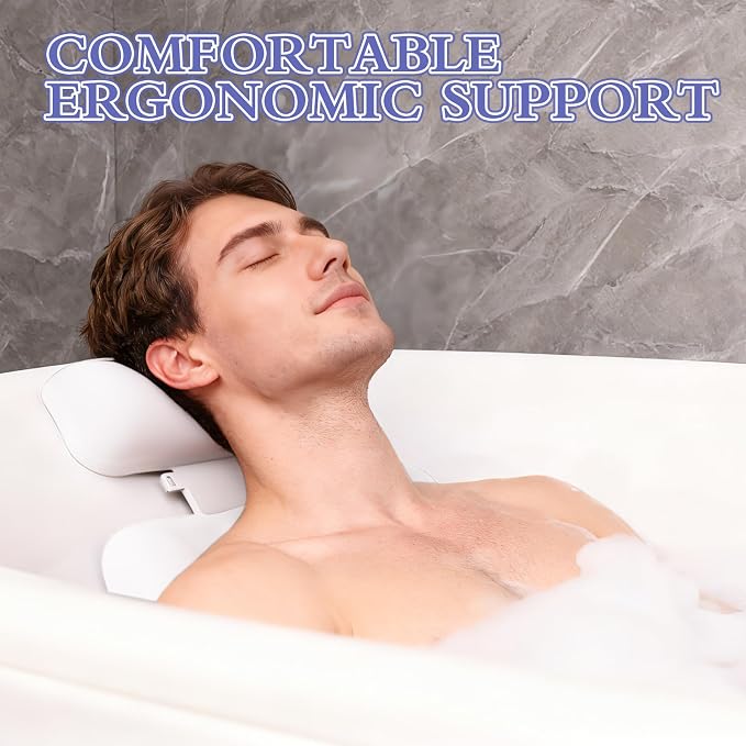 Silicone Bath Pillow, Upgraded Bath Pillows for Tub, Adjustable Height Bathtub Pillow for Head and Neck, 4D Luxury Tub Pillow Skin-Friendly Large Suction Cups Stability, Spa Relaxation-White