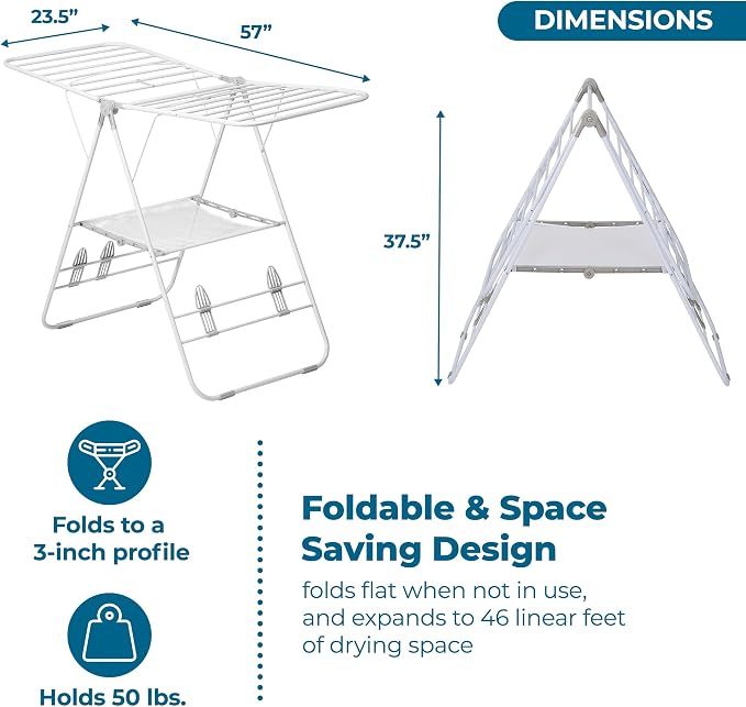 Honey-Can-Do Heavy-Duty Gullwing Clothes Drying Rack, White, 46 Ft | Rust-resistant metal frame; 50 lb capacity; dedicated shoe drying bars; folds flat; indoor or outdoor laundry use