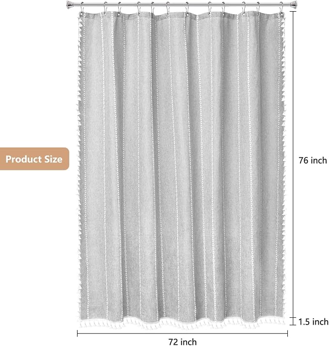 Seenus 72 x 76 inch Extra Long Boho Chic Shower Curtain Heavyweight with Tassels, Grey Linen Textured Fabric Farmhouse Shower Curtain, Elegant Gray White Striped Bathroom Curtain Water Repellent