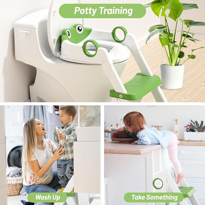 Potty Training Seat, Upgrade Toddler Toilet Seat for Kids Boys Girls, 2 in 1 Potty Training Toilet, Splash Guard Anti-Slip Pad Step Stool(Green-Frog)