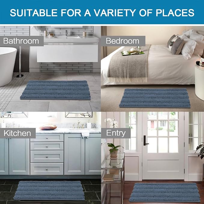 H.VERSAILTEX Bath Mats for Bathroom Non Slip Thick Chenille Striped Bath Rug Absorbent Fluffy Soft Shaggy Rugs Washable Dry Fast Plush Mats for Indoor, Bath Room, Tub - 20" x 32", Blue Indigo