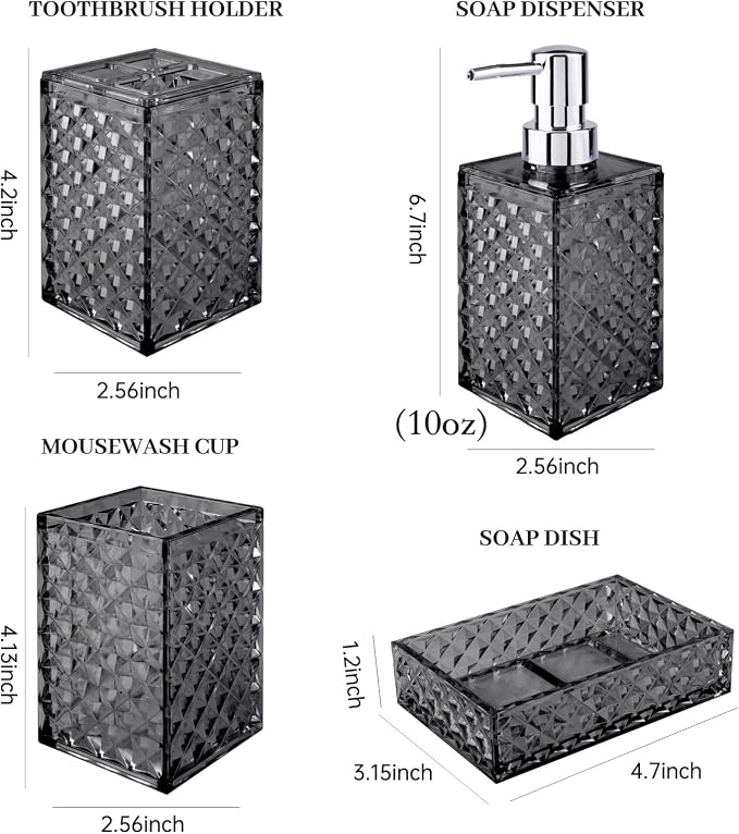 Bathroom Accessory Set, Grid Pattern 4 Pcs Plastic Bathroom Set, Grey | Include Soap Dispenser, Soap Dish, Toothbrush Holder, Mouthwash Cup, Modern Bathroom Decor Set