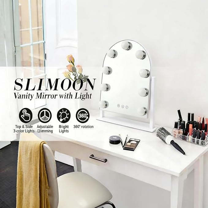 Arched Makeup Vanity Mirror with Lights,10X,Gold,14.17"x11.81" | Vanity Mirror with Detachable 10X Magnification Mirror, Rechargeable, 3 Color Lights,Smart Touch, 360‑Degree Swivel