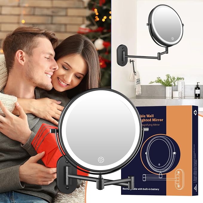FUNTOUCH 5000mAh Rechargeable Wall Mounted Lighted Makeup Mirror 1X30X | Double Sided 1X 30X Magnifying, 3 Color Lighting, Touch Dimming, Extended Arm 360 Rotation Light up Bathroom Mirror Black
