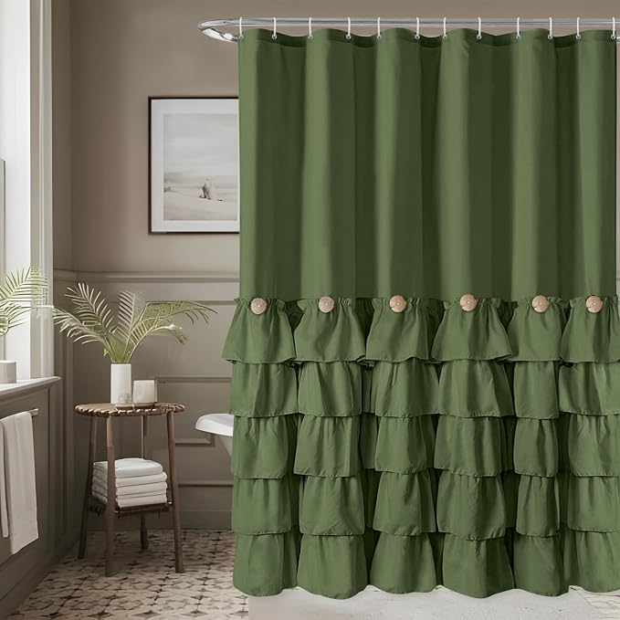 Seasonwood Green Ruffle Shower Curtain Farmhouse Shower Curtain 72 X 84 | Natural button accents, layered fabric tiers, shabby chic and French country styling for decorative bathroom updates