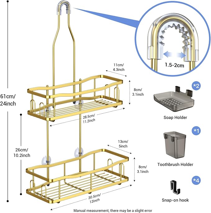 Hanging Shower Caddy Over Shower Head - No Drill Rustproof Shower Rack | Includes Soap Holder and Hooks for Shampoo, Conditioner, and Bathroom Essentials with Stable Storage in Any Shower Space