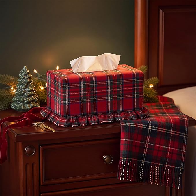 Sawysine Christmas Scottish Tartan Plaid Fabric Tissue Box Cover Red Green Plaid Rectangular Ruffled Napkin Holder Decorative Household Sleeve for Home Bedroom Bathroom Kitchen Office Holiday Decor