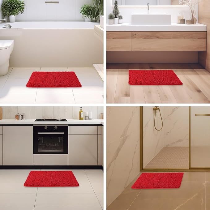 Red Bathroom Rugs – Absorbent and Washable Bath Mat, Non-Slip, Thick Soft Chenille Bath Rugs for Bathroom Floor, Shower - 17" x 24"