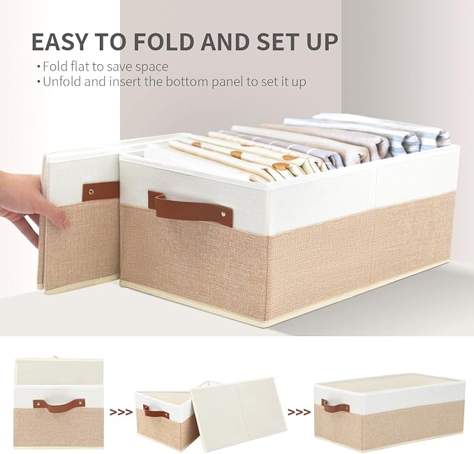 Closet Organizer Bins 3 Pack, Large Storage Bins for Shelves | Foldable Closet Storage Boxes Baskets with Leather Handles for Organizing Clothes, Sheets, Jeans, Toys, Books(Begie)