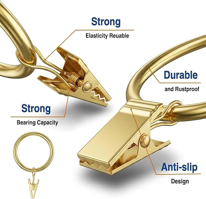 Lansian 44 Pack Curtain Rings with Clips Hooks 1 in Diameter Rustproof | Metal Stainless Steel Drapery Rings for Tension Rod Bracket Eyelets Decorative Hanger, Fits 3/4 in Rods, Gold