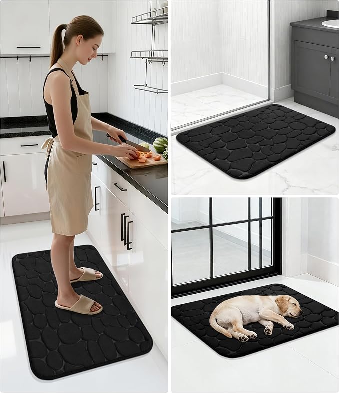 Memory Foam Bath Mat Cobblestone Bathroom Rugs Super Water Absorbent Bath Mats for Bathroom Machine Washable Bath Rugs(24 x 36,Black)