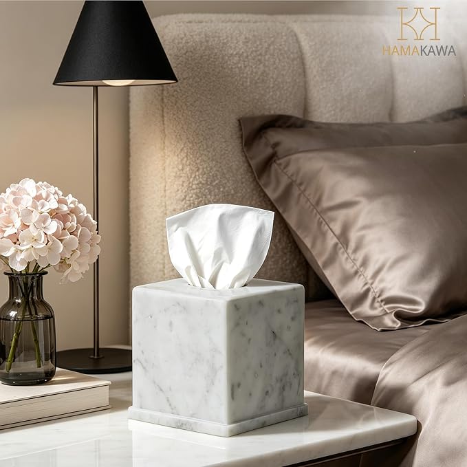 Natural Marble Tissue Box Cover, Carrara White Tissue Organizer 6 x 6 x 5.7 inch, Heavy Stone Decorative Box, Square Tissue Box Holder for Home Decor, Kitchen, Bathroom, Bedroom